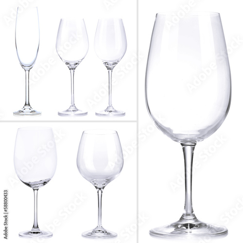 Photo: Collage of empty glasses isolated on white Collage of empty glasses isolated on white