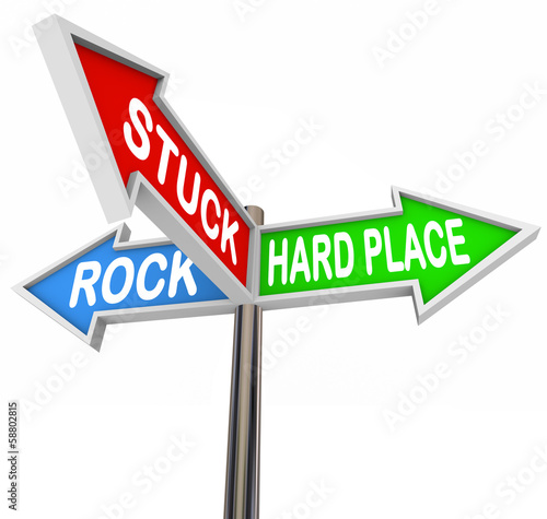 Illustration: Stuck Between Rock Hard Place 3 Arrow Road Signs Stuck Between Rock Hard Place 3 Arrow Road Signs