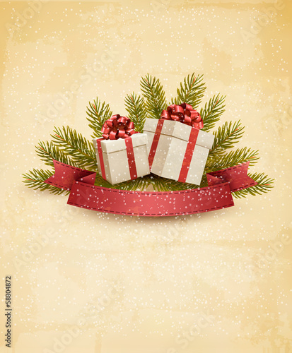 Vector: Holiday background with ribbon and red gift boxes. Vector. Holiday background with ribbon and red gift boxes. Vector.