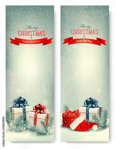 Vector: Two retro holiday banners with gift boxes and ribbons. Vector Two retro holiday banners with gift boxes and ribbons. Vector
