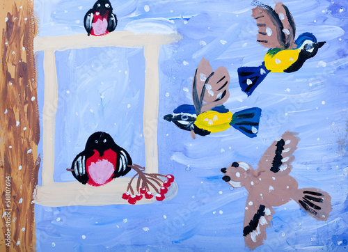 Illustration: Child's gouache picture of winter birds Child's gouache picture of winter birds