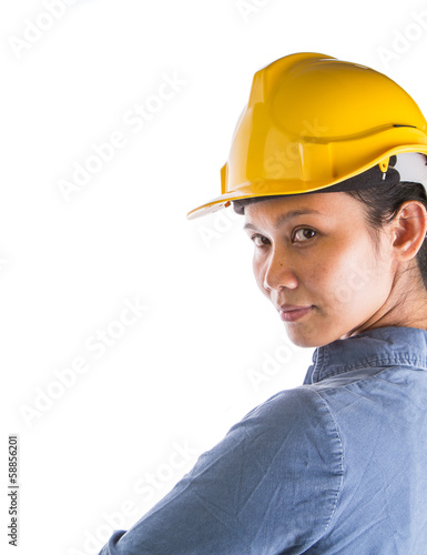 Photo: Asian female construction worker with safety hat Asian female construction worker with safety hat