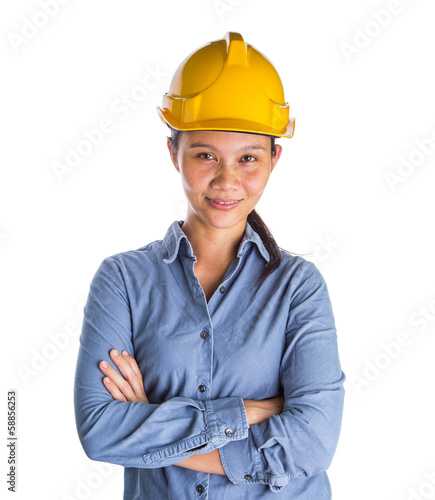 Photo: Asian female construction worker with safety hat Asian female construction worker with safety hat