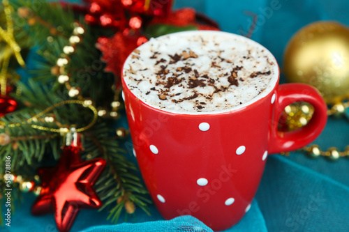 Photo: Hot chocolate with cream in color mug, Hot chocolate with cream in color mug,
