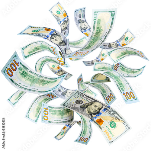 Photo: Falling New 100 dollar banknotes isolated on white Falling New 100 dollar banknotes isolated on white