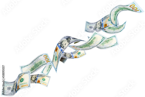 Photo: Flying New 100 dollar bills isolated on white Flying New 100 dollar bills isolated on white