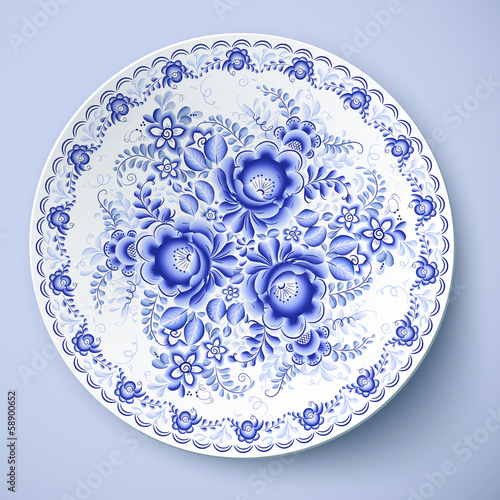 Vector: Blue plate with floral ornament in gzhel style Blue plate with floral ornament in gzhel style