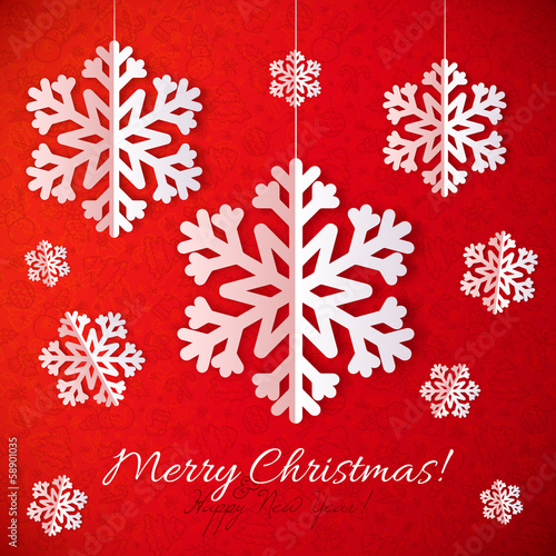 Vector: White paper snowflakes on red ornate background White paper snowflakes on red ornate background