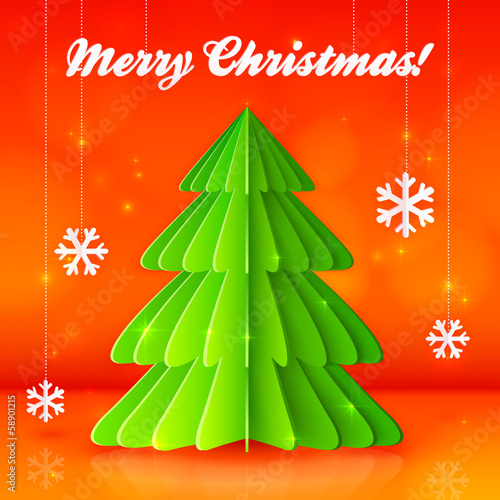 Vector: Green paper Christmas tree on orange background Green paper Christmas tree on orange background