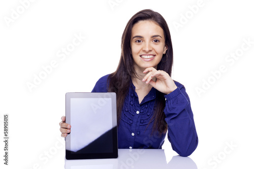 Photo: Business woman holding a tablet computer, isolated over a white Business woman holding a tablet computer, isolated over a white