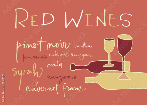 Vector: Hand-written words listing different red wines varieties Hand-written words listing different red wines varieties