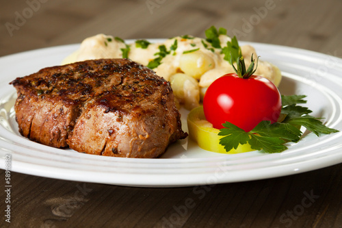 Photo: Beef steak with gnocchi and gorgonzola sauce Beef steak with gnocchi and gorgonzola sauce