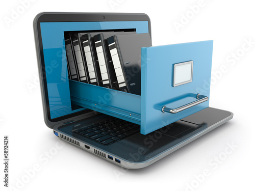 Illustration: Data storage. Laptop and file cabinet with ring binders. Data storage. Laptop and file cabinet with ring binders.