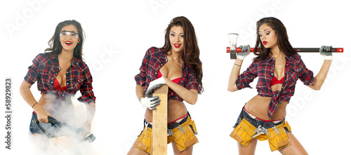 Photo: Collage. Sexy girl with construction tools Collage. Sexy girl with construction tools