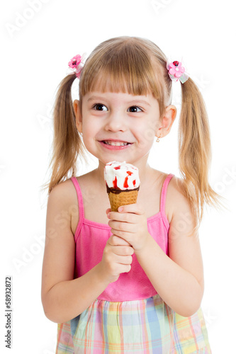 Photo: joyful child girl with ice-cream isolated on white joyful child girl with ice-cream isolated on white