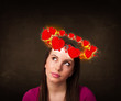 teenager girl with heart illustrations circleing around her head teenager girl with heart illustrations circleing around her head