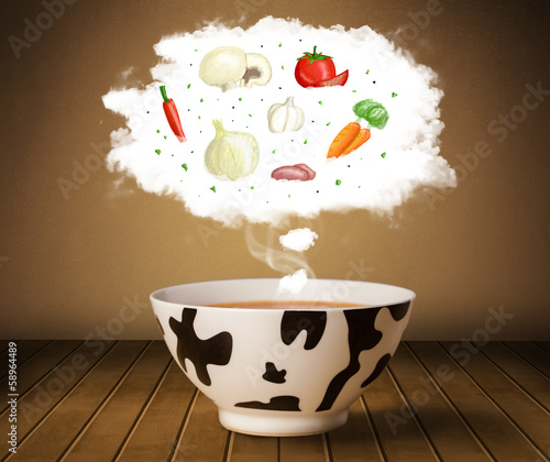 Photo: Bowl soup with vegetable ingredients illustration in cloud Bowl soup with vegetable ingredients illustration in cloud