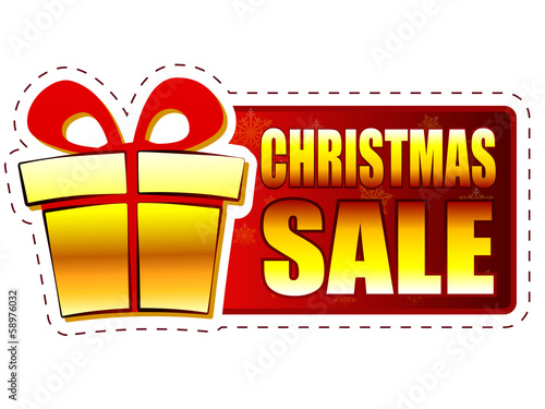 Illustration: christmas sale and gift box on red banner with snowflakes christmas sale and gift box on red banner with snowflakes