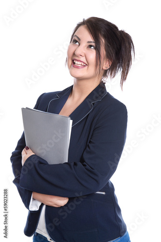 Photo: Junge Frau isoliert in der Berufsausbildung mit Bewerbungsmappe Junge Frau isoliert in der Berufsausbildung mit Bewerbungsmappe