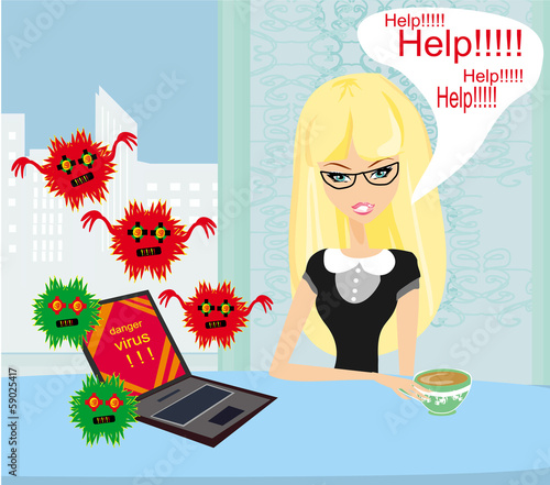 Illustration: Computer virus attacking laptop in the office Computer virus attacking laptop in the office