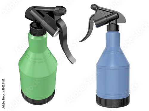 Illustration: Plastic spray bottles on white background. 3D image Plastic spray bottles on white background. 3D image