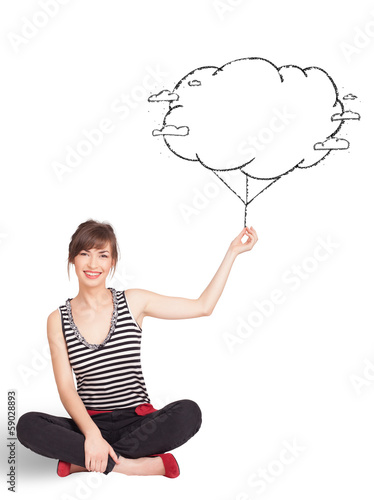 Photo: Young lady holding cloud balloon drawing Young lady holding cloud balloon drawing