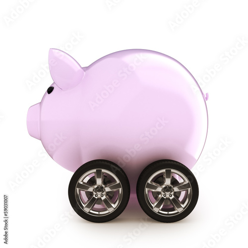 Photo: Car savings Piggy bank with wheels on a white background Car savings Piggy bank with wheels on a white background