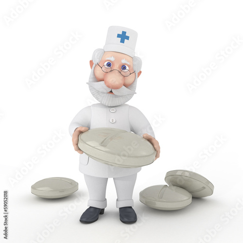 Illustration: The 3D Doctor with tablets. The 3D Doctor with tablets.