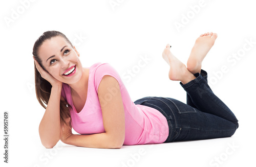 Photo: Woman lying on white background Woman lying on white background