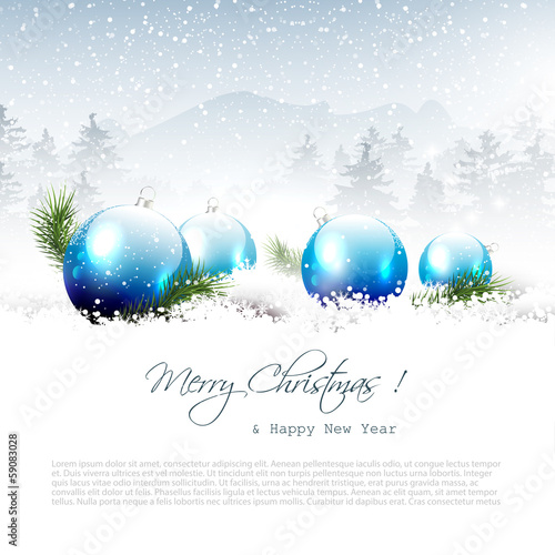 Vector: Christmas winter landscape with blue balls and copyspace Christmas winter landscape with blue balls and copyspace