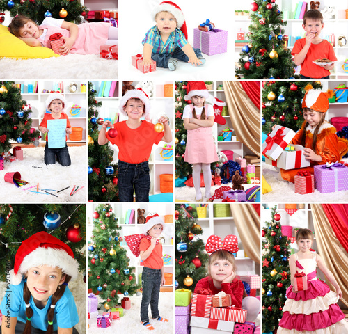 Photo: Collage of children celebrating Christmas at home Collage of children celebrating Christmas at home