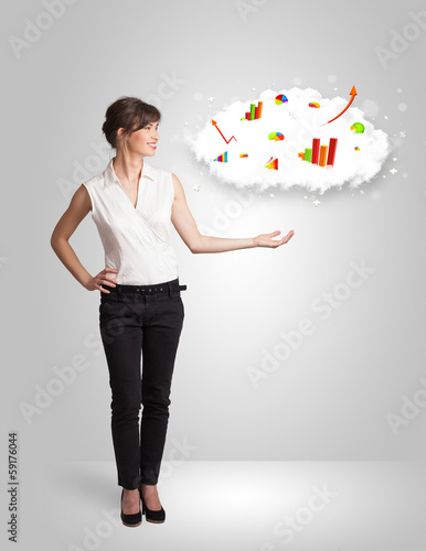Photo: Young woman presenting cloud with graphs and charts Young woman presenting cloud with graphs and charts