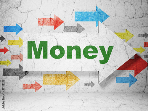 Illustration: Finance concept: arrow with Money on grunge wall background Finance concept: arrow with Money on grunge wall background