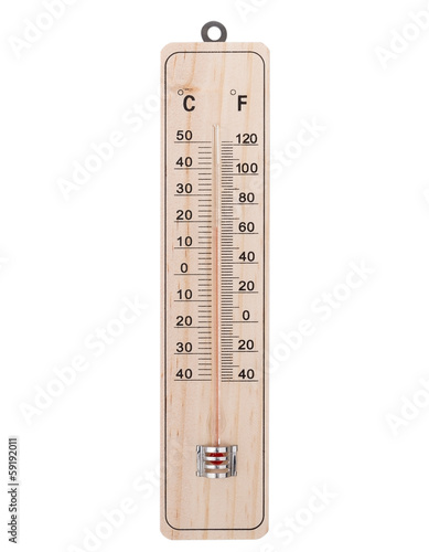 Photo: Classic wooden thermometer. On a white background. Classic wooden thermometer. On a white background.