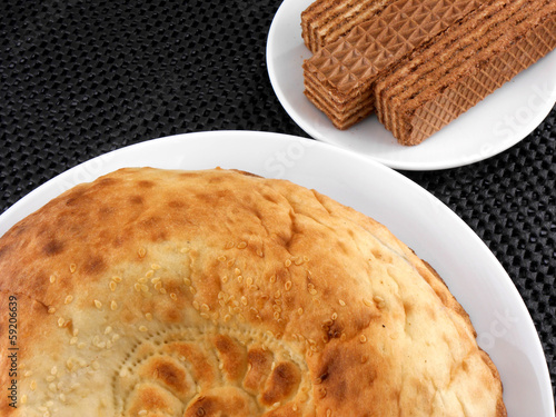 Photo: cake and waffle on white plate cake and waffle on white plate