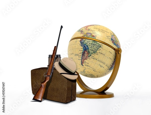 Photo: Hunting Trip Equipment and Vintage Globe Hunting Trip Equipment and Vintage Globe