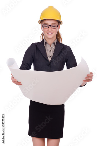 Photo: Young architect with drawings on white Young architect with drawings on white