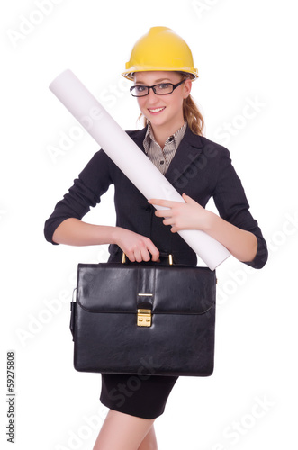 Photo: Young architect with drawings on white Young architect with drawings on white
