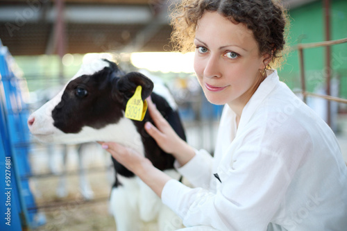 Photo: Smiling woman in white robe with small calf looks at camera Smiling woman in white robe with small calf looks at camera