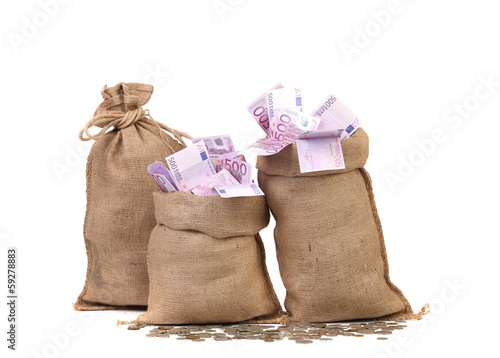 Photo: Three full sacks of euro bills. Three full sacks of euro bills.