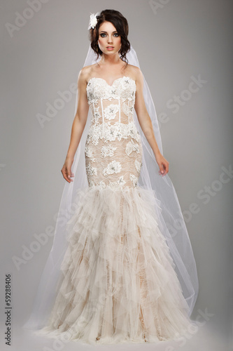 Photo: Fashion Model Classy Bride in Long Wedding Dress and Veil Fashion Model Classy Bride in Long Wedding Dress and Veil