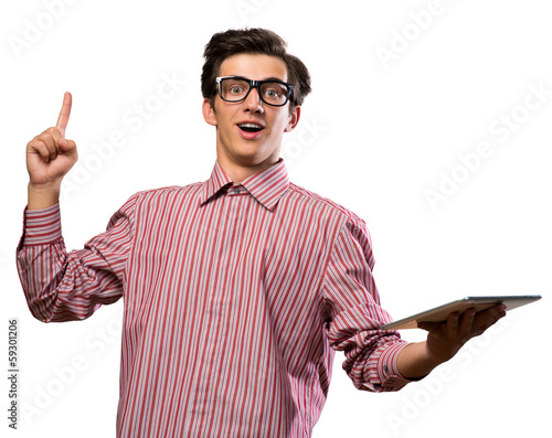 Photo: man raised his index finger man raised his index finger