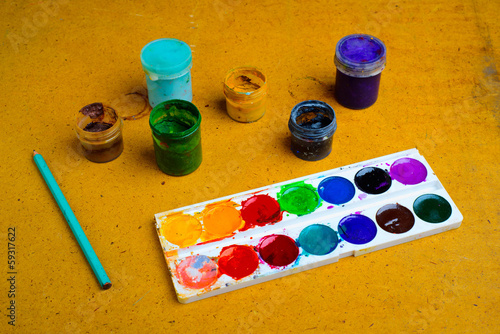 Photo: Set of cans of paint and pencil Set of cans of paint and pencil