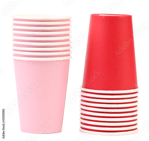 Photo: Two stacks of paper cups. Two stacks of paper cups.