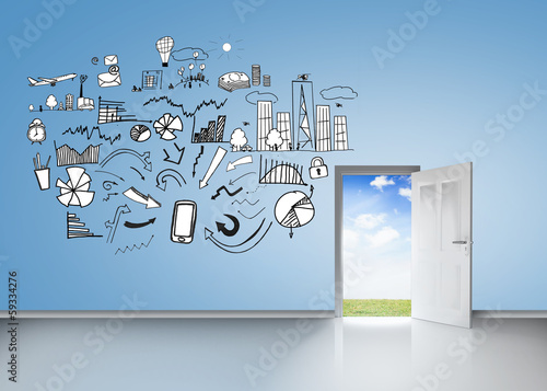 Photo: Brainstorm on blue wall with open door Brainstorm on blue wall with open door
