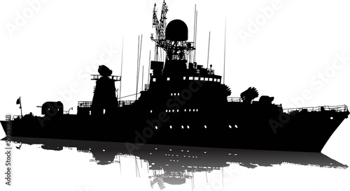  Vector silhouette of the military ship on a white background