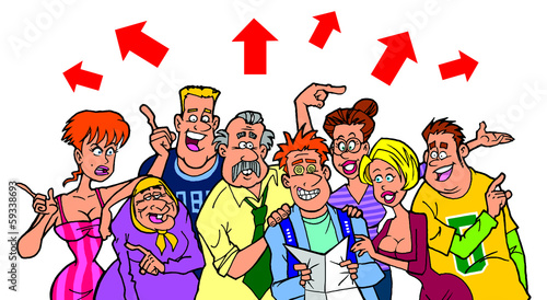 Illustration: This way! Funny family helps tourist. This way! Funny family helps tourist.