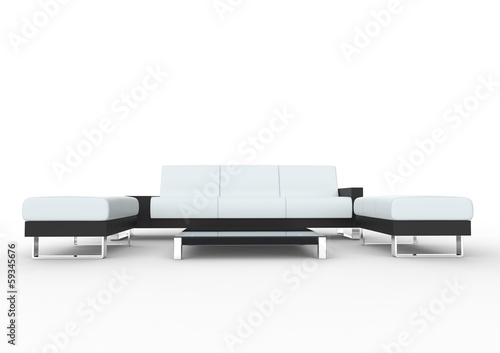 Illustration: White Modern Sofa With Coffee Table And Two Ottomans White Modern Sofa With Coffee Table And Two Ottomans