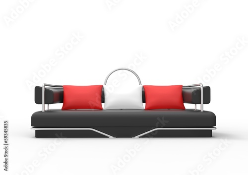 Illustration: Black Sofa With Red And White Pillows Front View Black Sofa With Red And White Pillows Front View