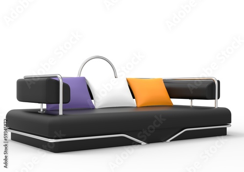 Illustration: Black Futuristic Sofa With Colorful Pillows Black Futuristic Sofa With Colorful Pillows